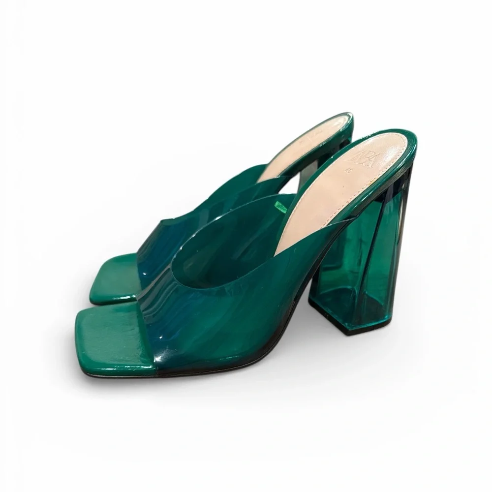 Zara Retro Emerald Green Women's‎ Chunky Heels - Picture 3 of 6